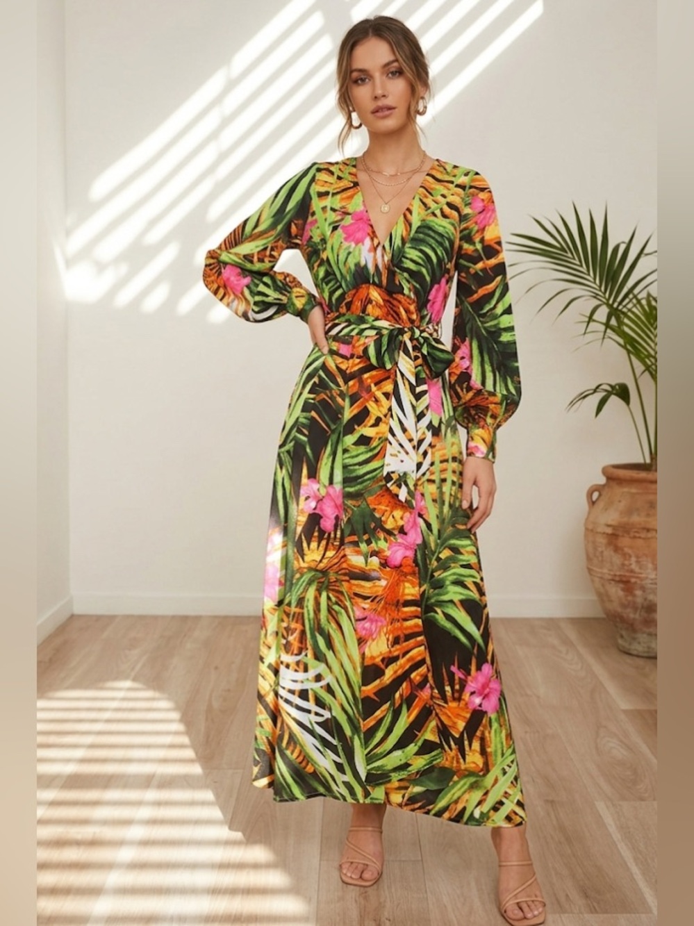 Tropical Floral Wrap Maxi Dress in Green